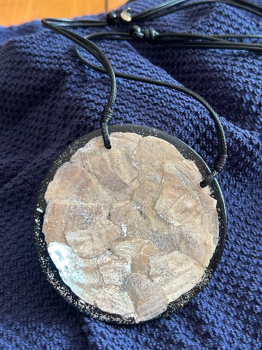 Cato Black Cord Round Pendant Necklace with Brown Shell Inlay